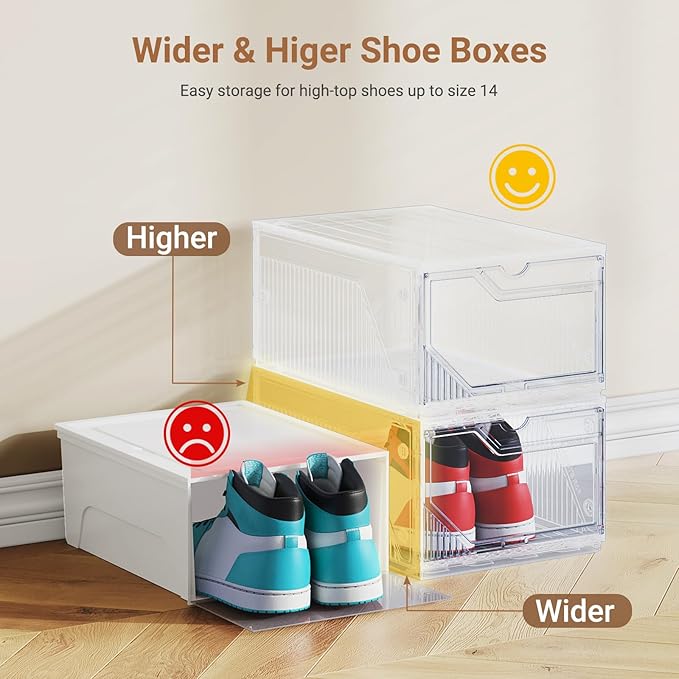 XX-Large Shoe Sneaker Storage Boxes for Size 14, Stackable & Thicken Clear Plastic Shoe Organizers 16 Packs for Entryway Closet Under Bed, Shoe Storage Cabinets Container Display Case w/ Magnetic Door