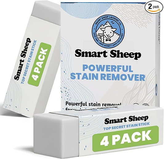 4 Pack Stain Stick - Stain Remover Bar for Clothes by Smart Sheep - Powerful Laundry Stain Remover - Formulated w/Natural Ingredients - Perfect for Food Drink Pet Grass & Blood Stains