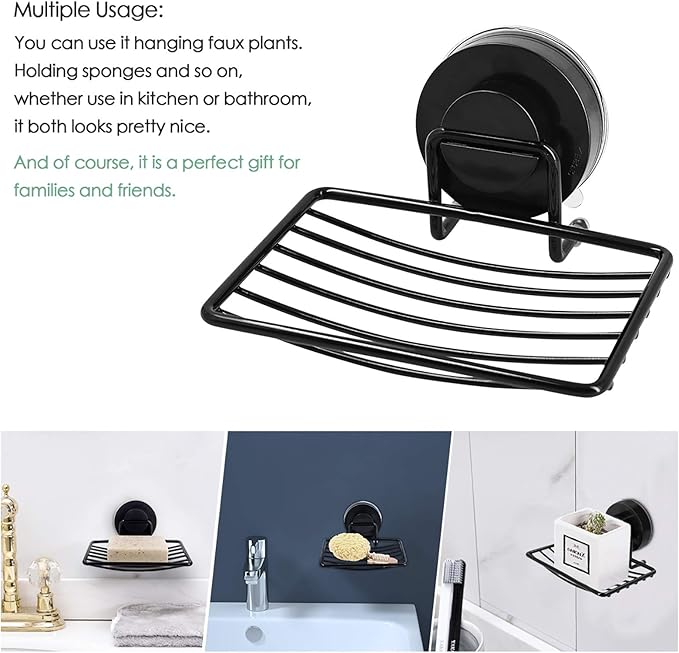 Black Shower Soap Holder, 2 Packs, Suction Cup Bar Soap Dish, Stainless Steel Soap Dish Tray, Draining Soap Holder for Shower Bathroom Tub Kitchen Sink
