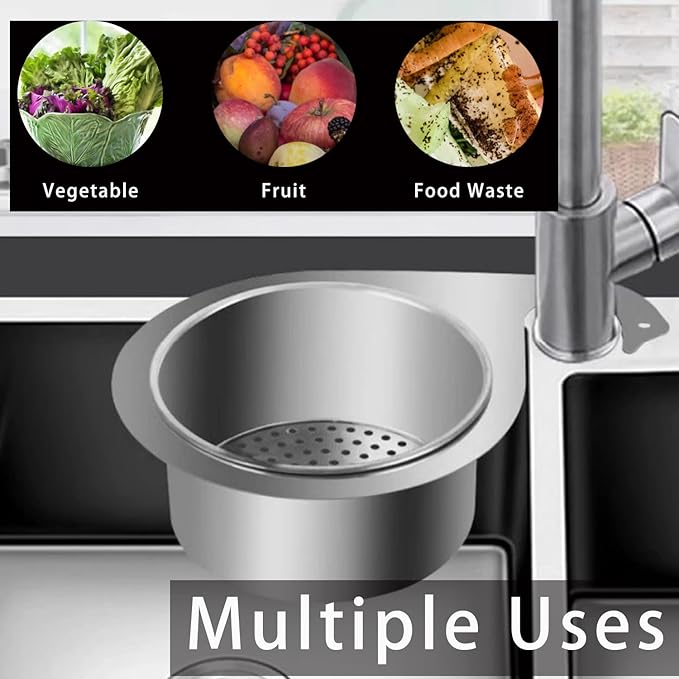 Swan Stainless Steel Sink Strainer Basket with Fast-Draining Side Drain, Includes 2 Double-Sided Scrubbing Sponges for Kitchen, Fruit, Vegetable & Food Waste Disposal (2 Pcs)