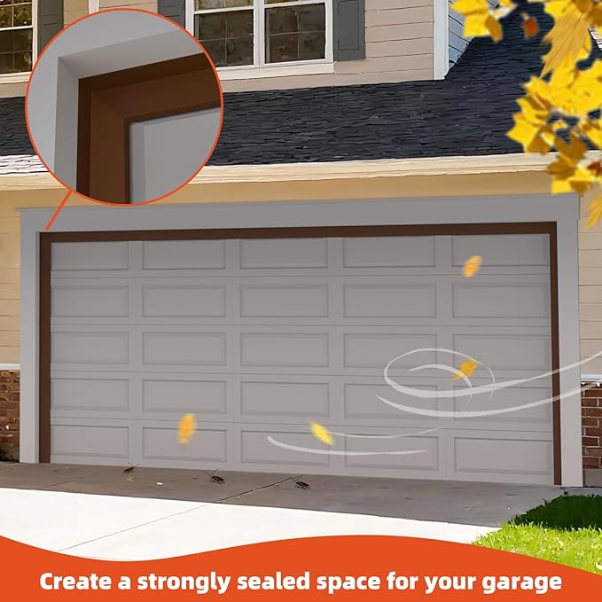 Garage Door Seal Top and Sides, 20 FT Universal TPE Weather Stripping Garage Door Trim Seal Weatherproofing Garage Door Seals with Nails and Lids in Brown