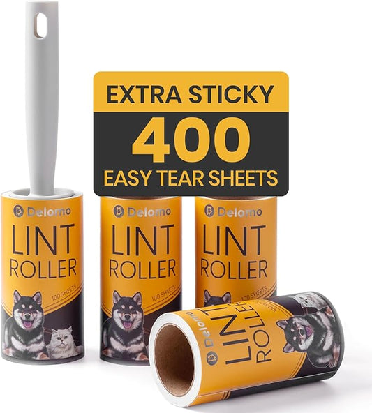 DELOMO Lint Roller 400 Sheets (1 Roller + 3 Refills) - Lint Rollers for Pet Hair Extra Sticky, Mega Value Pet Hair Removal Tool for Clothes/Couch/Furniture/Car - Ideal Home Gift for Pet Owners