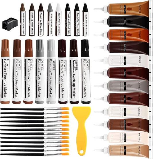 DEWEL Wood Repair Kit 12-Color Repair Paste with Touch-Up Pen & 8-Color Wax Sticks for Floors & Furniture-Fix Scratches, Screw Holes, Peeling Paint, Hide Flaws, Water-Based Repair Pen & Crayon Set