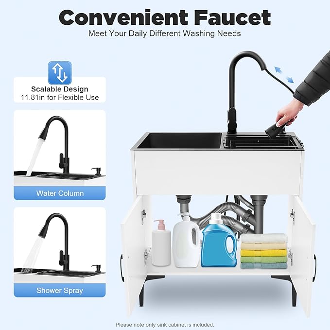 30-Inch Laundry Sink Cabinet with Stainless Steel Sink and Pull-Out Sprayer Faucet, Freestanding Deep Utility Sink with Cabinet Utility Tub for Bathroom Laundry Room Kitchen (White)
