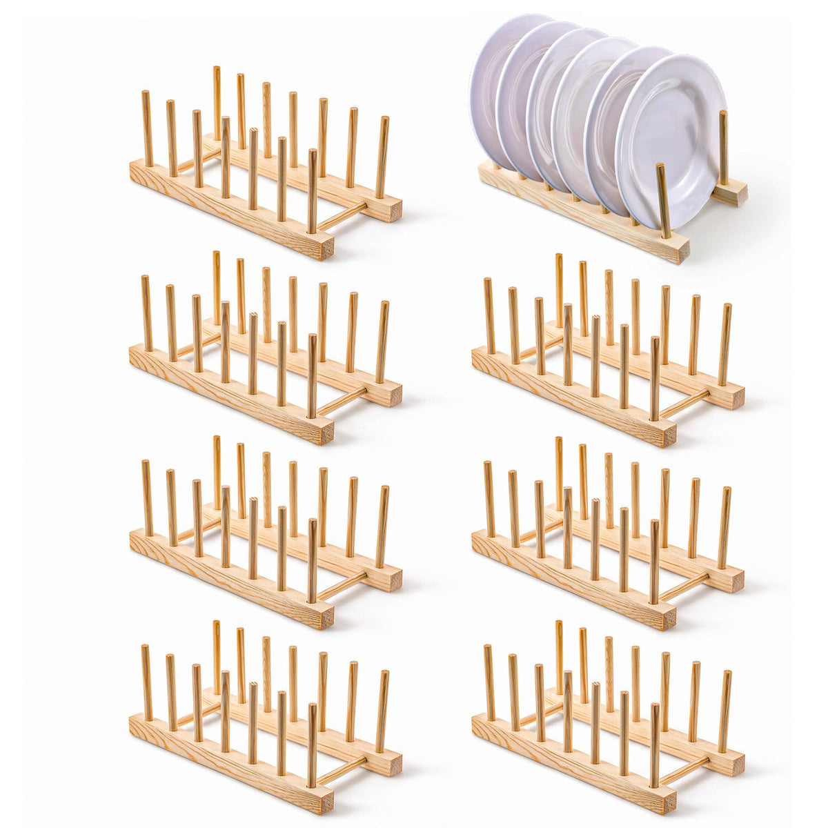8 Pcs Wooden Plate Organizer for Cabinet, Bamboo Dish Drying Rack - Image 1