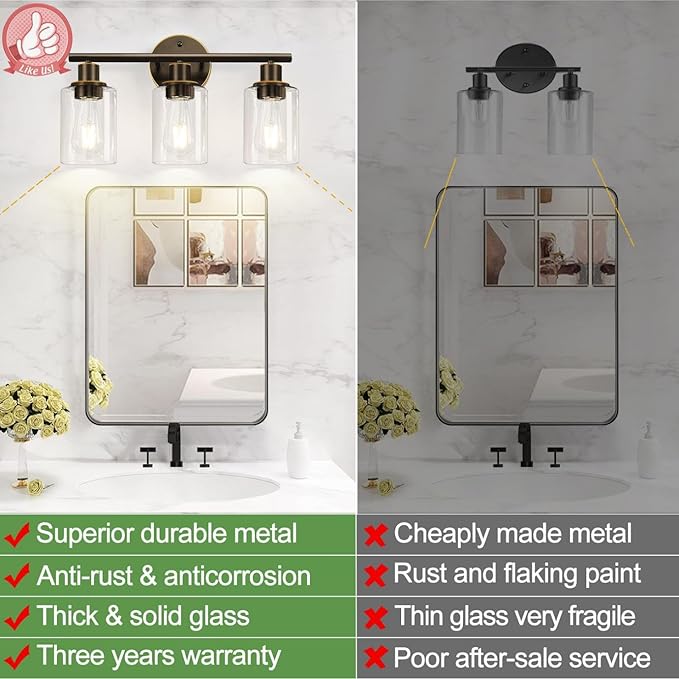 3-Light Bathroom Light Fixtures, Brown and Gold Bathroom Wall Lights, Modern Vanity Light with Clear Glass Shade, Bathroom Wall Lamp for Mirror Hallway Cabinet