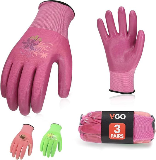 Vgo... 3Pairs Ladies' Nitrile Coating Gardening and Work Gloves (Size M, Green & Pink & Purple, NT2110)