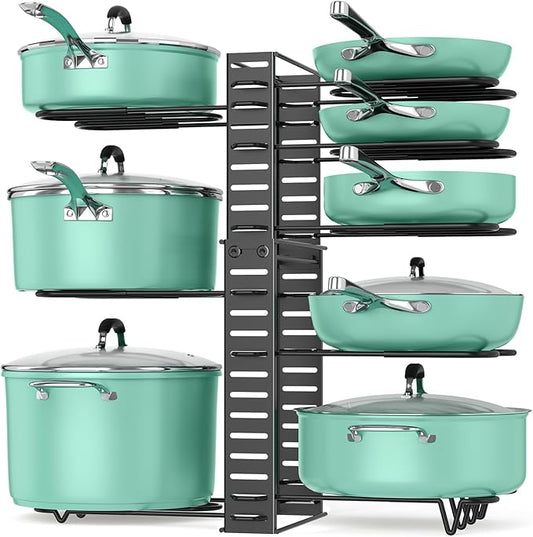 ORDORA Pots and Pans Organizer under Cabinet, 8 Tier Pot Organizers Rack Expandable 11.65" to 19.02" Height with 3 DIY Methods, Adjustable Pan Organizer inside Cabinet Kitchen Storage Organization