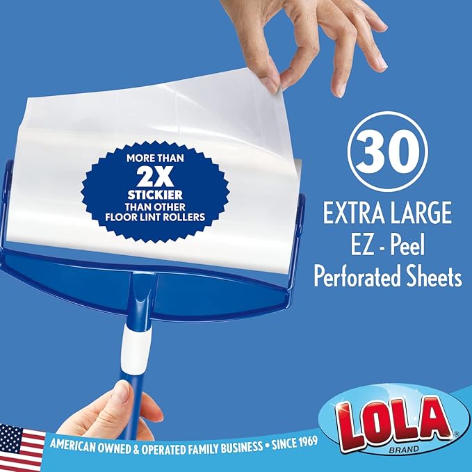 LOLA Rola Sticky Mop Refills, Giant Adhesive Roller, Traps Dirt, Dust & Hair, 30 Sheets, Pet Hair Remover, Floor & Carpet Cleaner, 1 Pack