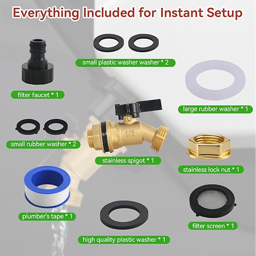 Brass Water Container Rain Barrel Spigot Kit with Filter Faucet,No Splash and Save Water, Compatible with ROTOPAX Water Containers, with Quarter Turn Ball Valve Faucet with Bulkhead Fitting