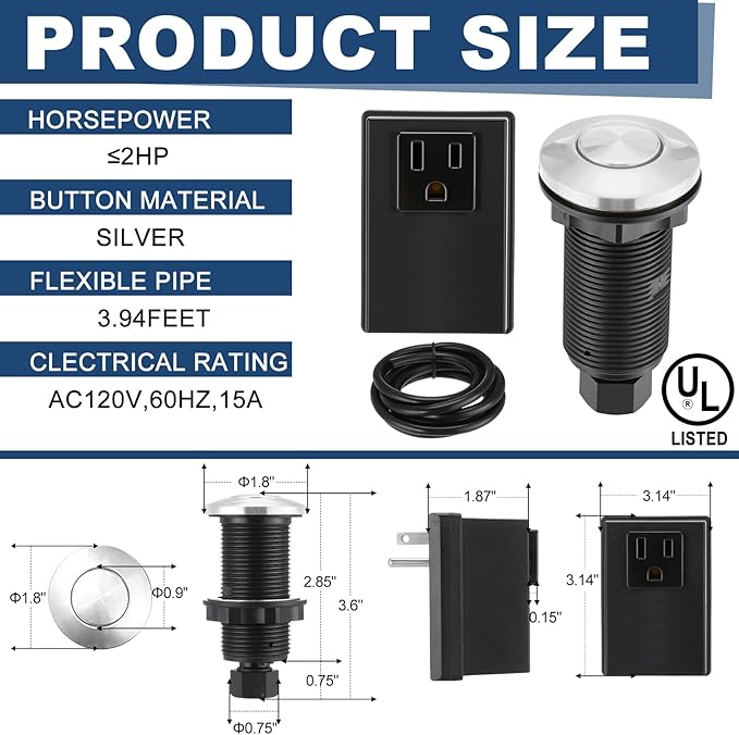 Garbage Disposal Air Switch Kit Wireless Sink Top Garbage Disposal Button Stainless Steel/On/Off Waterproof Button Kit with Long Switch Matte UL Listed(Single Outlet,Silver,Short Size)