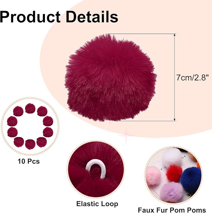 uxcell 2.8 Inch Faux Fur Pom Pom Balls, 10 Pcs Wine Red Fluffy Soft Faux Fur Pom Poms for Hats with Elastic Loop for DIY Knitting Hats Keychain Scarves Gloves Bags Shoes Accessories