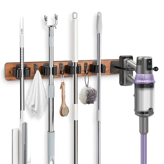 Broom Holder Wall Mount With Vacuum Cleaner Holder,Wood - Image 1