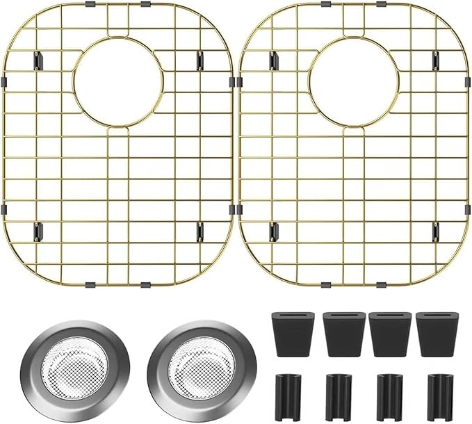 SANNO Gold Kitchen Sink Protectors Gird Sink Rack, 14.57" L X 11.2" W Bottom Grid with Rear Drain Hole for Double Sink, Stainless Steel, 2 Pack