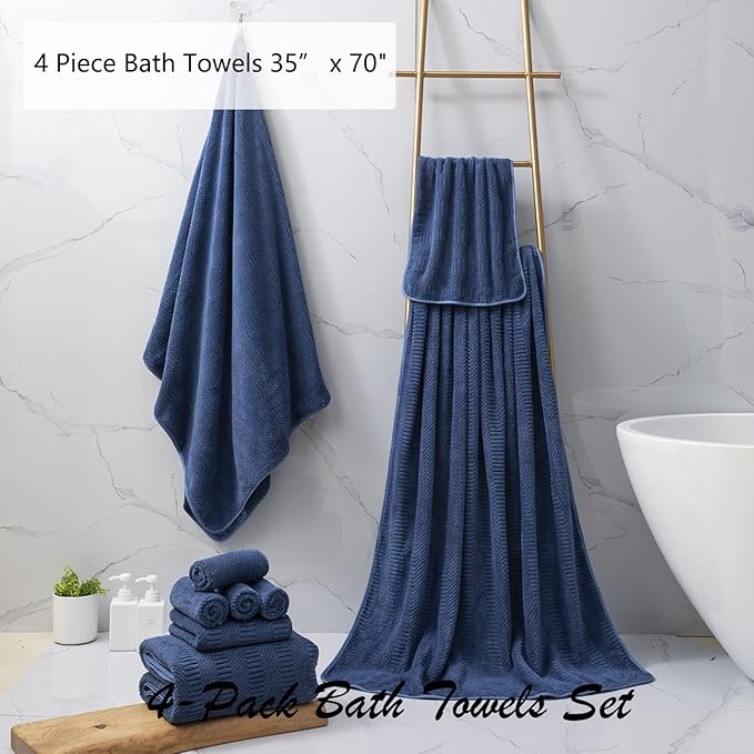 Oliven 4 Pcs Navy Large Bath Towel Set 35"x70" Extra Large Bath Sheets Oversized Jumbo Towels for Bathroom 600GSM Soft Highly Absorbent Quick Dry Beach Chair Towel Woven Towels for Hotel and Spa