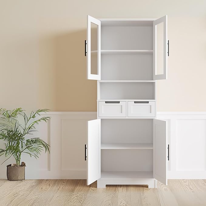 Karl home Tall Bathroom Storage Cabinet, 67" Linen Cabinets for Laundry, Bathroom Cabinet with 2 Drawers, 2 Acrylic Doors & Adjustable Shelves, Freestanding Kitchen Pantry, White