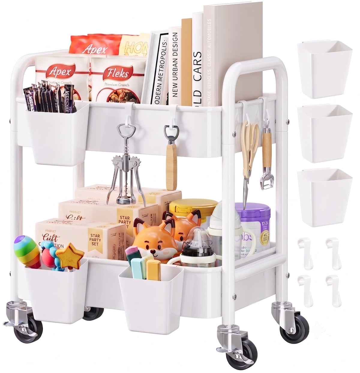 2 Tier Small Rolling Cart Metal with Wheels, White Under Desk - Image 1