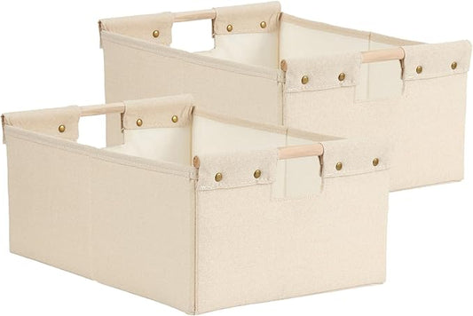2PCS Storage Bins Cotton Linen Fabric Storage Boxes Basket with Wooden Handles Foldable Washable Decorative Shelf Container Clothes Organizer Home Laundry - Small Size, Beige