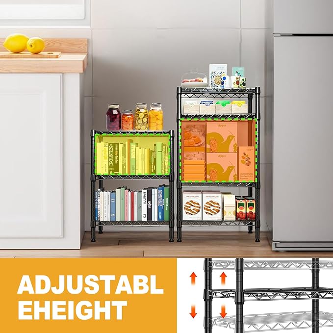 Heavy Duty Stainless Steel Kitchen Storage Rack, Adjustable Shelf Organizer with Non-Slip Mats, Black, for Cabinets, Countertops, Pantries (3-Tier Rack)