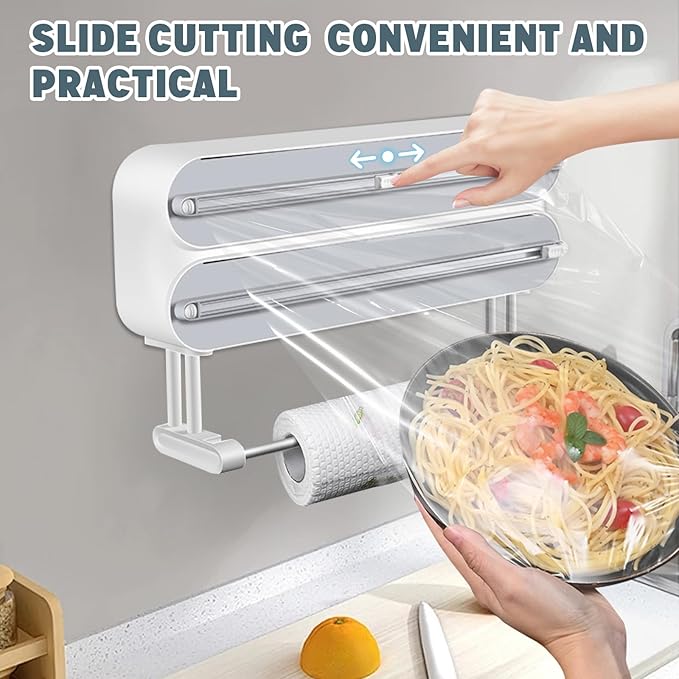3 in 1 Plastic Wrap Dispenser with Cutter，Magnetic Aluminum Foil and Adhesive Film Organizer, Wall Mount Kitchen Wrap Organizer, Cling Wrap Dispenser with Paper Towel Holder and Cutter