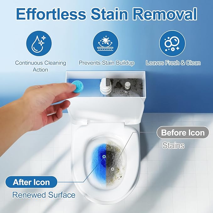 Automatic Toilet Bowl Cleaner Tablets, Blue, Septic Safe Hard Water Stain and Odor Remover, 50 Count，Effervescent Stain & Odor Remover Bathroom，Effervescent Stain Odor Remover Works with Toilets