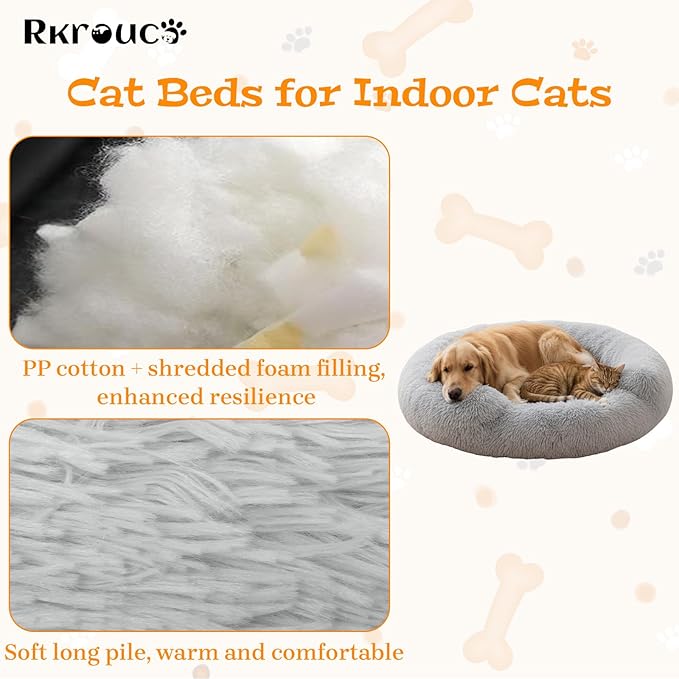 Fluffy Dog Bed Calming Donut Beds for Large Dogs Warming Round Small Medium Pet Nest Cozy Cat Mattress Indoor Washable Puppy Kennel Kittens Sleep Mat (S, 23.6×23.6 inch, Light Gray)