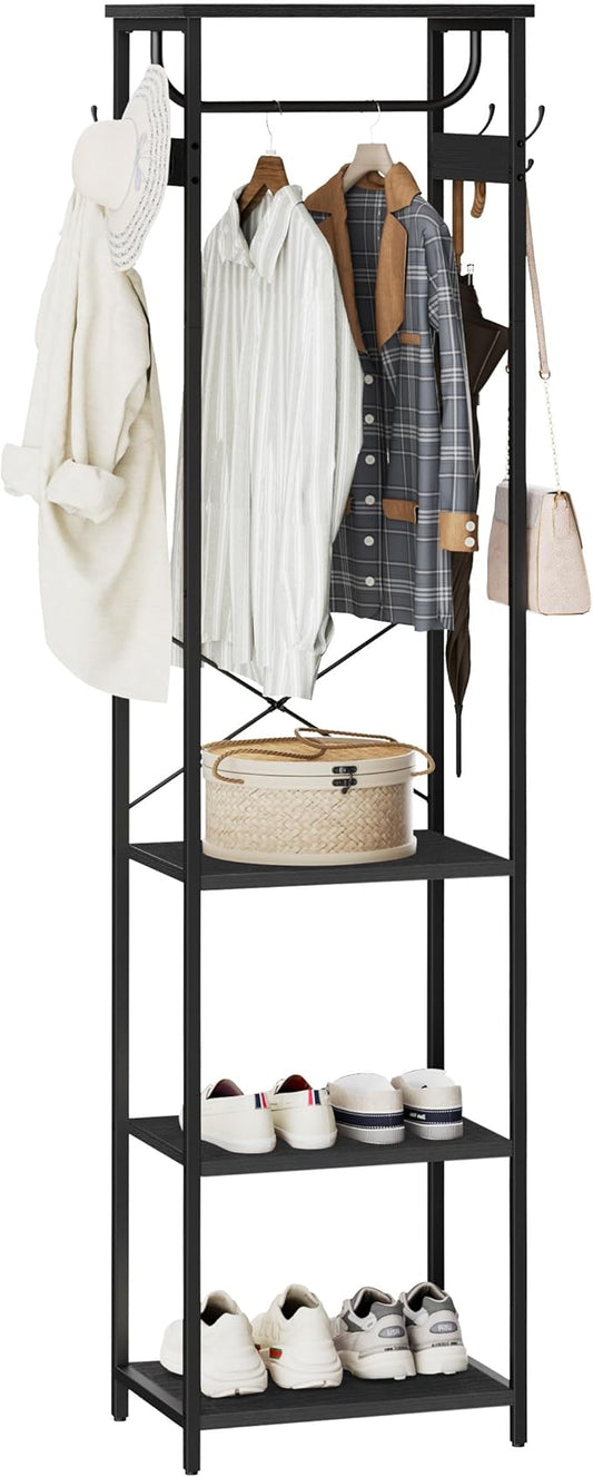 Coat Rack With Hanging Rod, Garment Rack With 3 Wooden Shelves and 4 Hooks, Freestanding Hall Tree, Industrial Clothes Rack Stand Organizer, Black