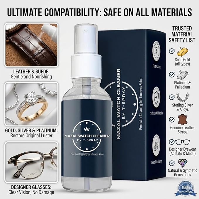 Mazal Watch and Jewelry Cleaner Spray kit. Cleaning Solution -Safe on All Metals, Crystals, Gold, Platinum, Precious Gemstones, Diamond Jewelry- Quick, Long Lasting Shine- TSA Approved 2oz