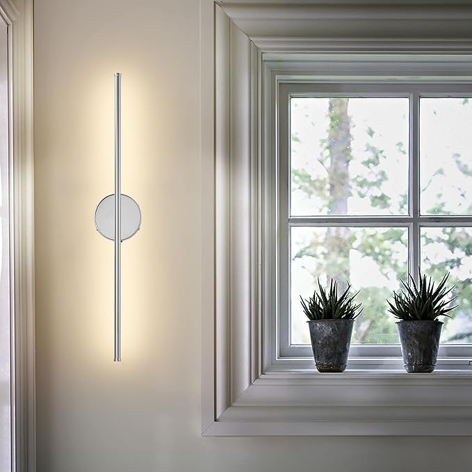 Battery Operated Wall Sconces with Remote Control, Dimmable Wall Sconces Set of Two, 350°Rotate, 3000K LED Chrome Wireless Wall Light for Living Room, Bedroom, Hallway, 28.3 Inch (2 Pack)