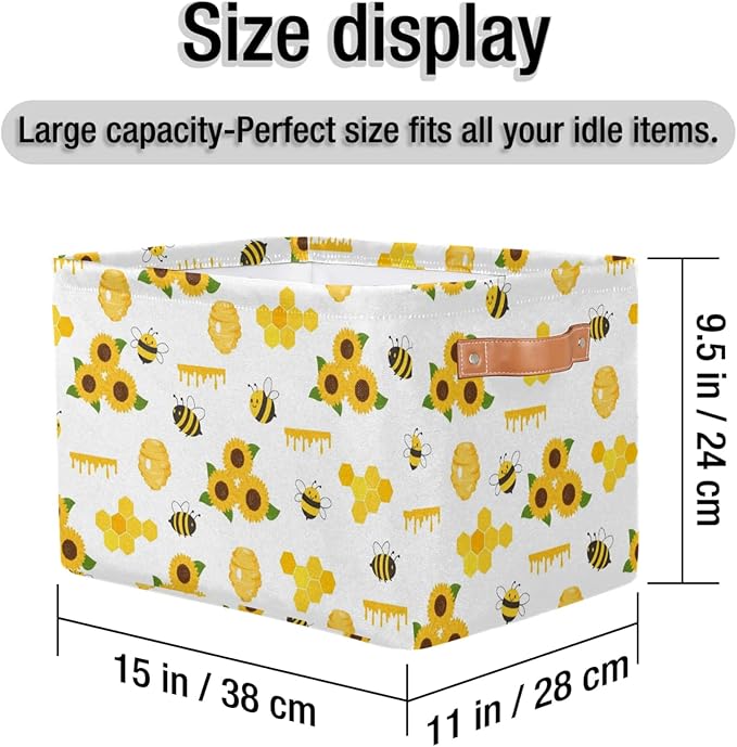 Rectangle Storage Baskets for Organizing - Foldable Storage Bin Cubes with Handles, Large Organizer Bins Boxes Toy Closet Shelf Nursery Laundry Basket, 1 Pcs(Bee Sunflower)