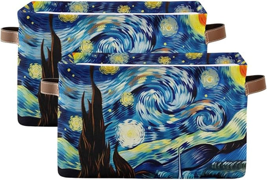 Storage Basket Starry Night Rectangular Collapsible Canvas Shelves Storage Bins with Leather Handles for Shelves Home Closet Bedroom Living Room, 2Pack