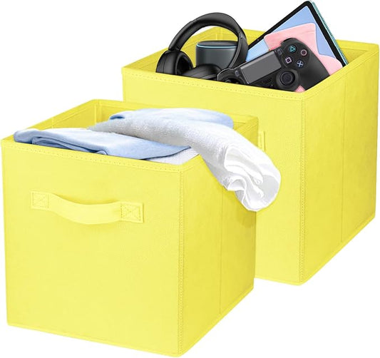 2 Pcs Storage Cubes, 10.5 Inch Collapsible Storage Bins, Fabric Foldable Bins for Organization, Durable Storage Bins for Closet, Shelves, Offices (Yellow)