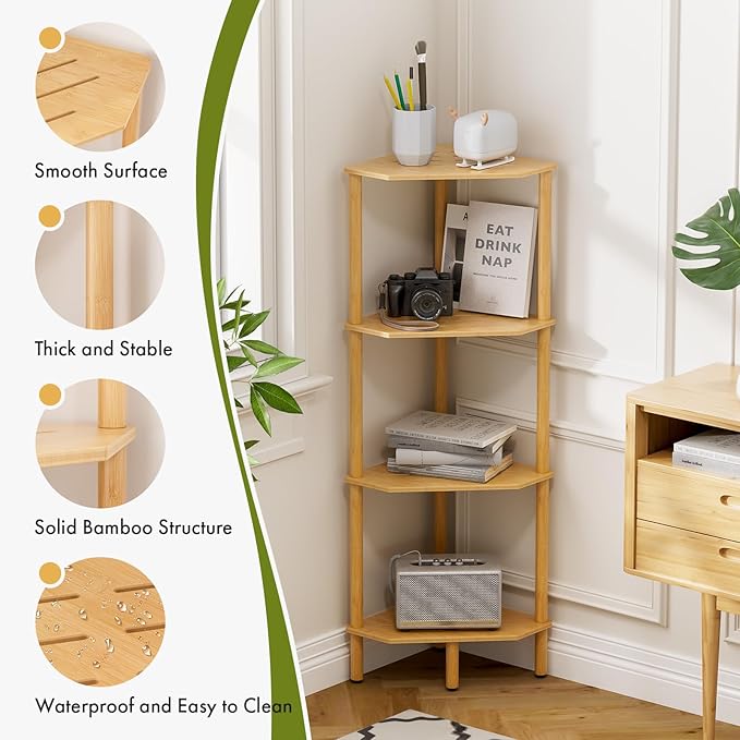 Corner Shelf Stand, 4 Tier Bamboo Corner Bookshelf, Narrow Tall Bookcase, Corner Shower Caddy, Open Storage Shelves, Plant Display Shelf, for Living Room, Kitchen, Office, Balcony, Bathroom