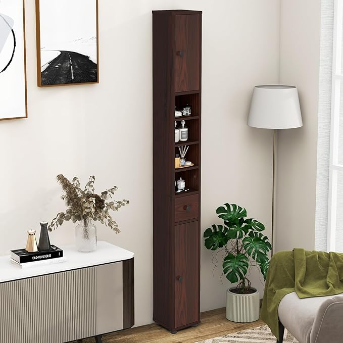 Tangkula Tall Slim Bathroom Storage Cabinet, 71" Freestanding Bathroom Cabinet w/ 2 Doors, 1 Drawer & 5 Adjustable Shelves, Floor Narrow Tower Cabinet for Small Spaces, 8" x 8" x 71" (Brown)