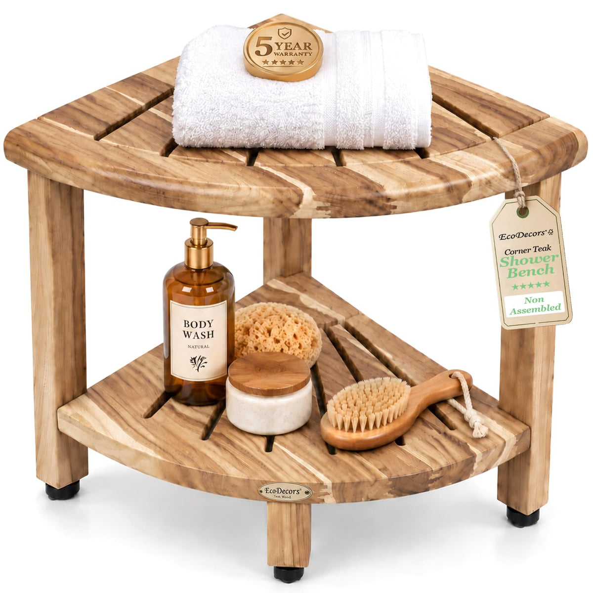EcoDecors 18" Corner Teak Shower Bench with Shelf, Waterproof - Image 1