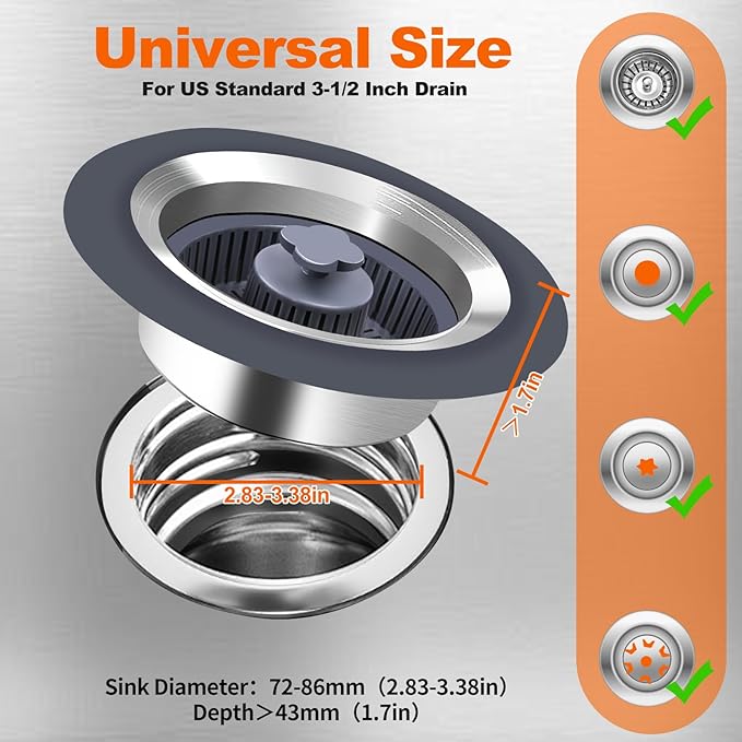 3 in 1 Kitchen Sink Stopper with Strainer Basket, Stainless Steel Anti-Clogging Drain Plug for US Standard 3-1/2" Sink