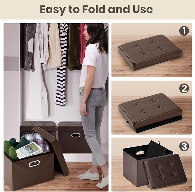 COSYLAND Ottoman with Storage Folding Leather Ottoman Footrest Foot Stool Brown Ottoman for Rooms Small Rectangle Collapsible Bench Furniture with Handles Lid 17x13x13in