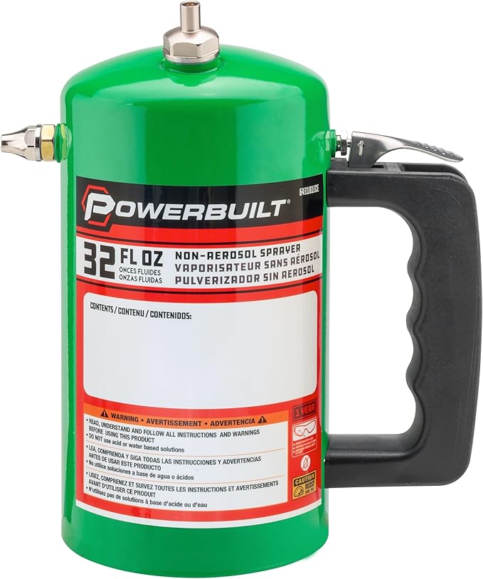 Powerbuilt 1 Quart Refillable Non-Aerosol Pressurized Sprayer for Oil, Lubricants, Degreasers - 32oz Canister with Brass Nozzles & Stainless-Steel Corrosion Resistant Inner Lining (Green) - 643101ECE