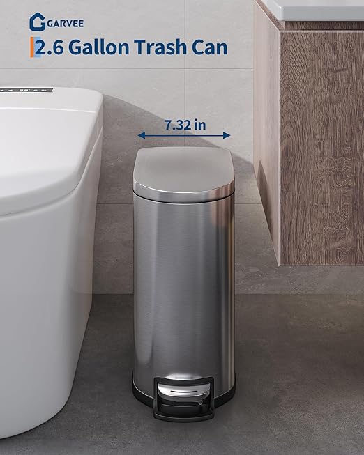 Stainless Steel Bathroom Trash Can with Lid, Slim Waterproof Garbage Can, Small Step-on Metal Trash Bin with Soft Close Lid, Inner Bucket & Rear Handle for Bathroom, Bedroom, Kitchen