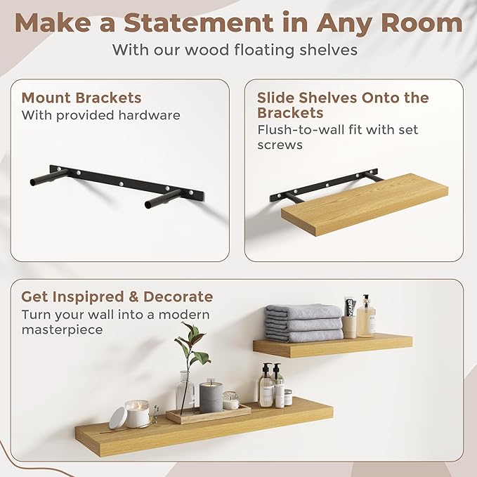 40 Inch Floating Shelves for Wall Set of 2, 8"D Wood Grain Bathroom Shelves with Invisible Brackets, Easy Install Engineered Wood Storage Shelves for Kitchen, Living Room, Bedroom, Oak Finish