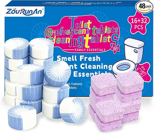 48PACK Toilet Cleaning Tablets Set - 16 Effervescent Toilet Bowl Cleaners Tablets + 32 White Blue Toilet Tank Tablets, Double-Action Formula for Stain, Water Deposit Removal