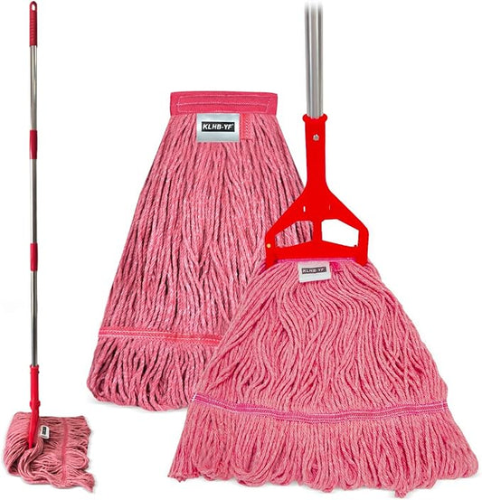 Commercial Cotton Mop Heavy-Duty Industrial with 2 Replacement Heads 152 cm Handle Replacement mop Head (Pink)