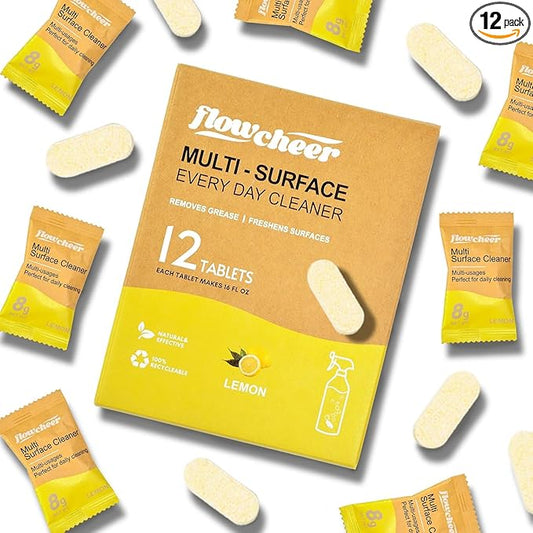 Flowcheer All Purpose Cleaner Concentrate Refills, Multi Surface Clean Refill,No Toxic Cleaning Tablets(12Pack)-Makes 192 fl oz(12x16Fl oz)Bottles of Spray Cleaner for Household&Kitchen Cleaning-Lemon