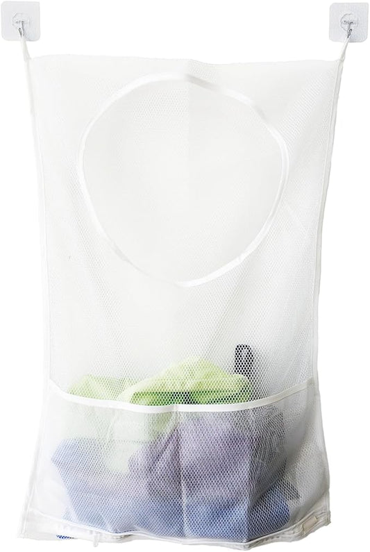 Foldable Wall Laundry Bag with Pocket, 30x20in White Polyester Dirty Clothes Organizer, Bathroom & Dorm Storage, 1 Pack with 2 Hooks