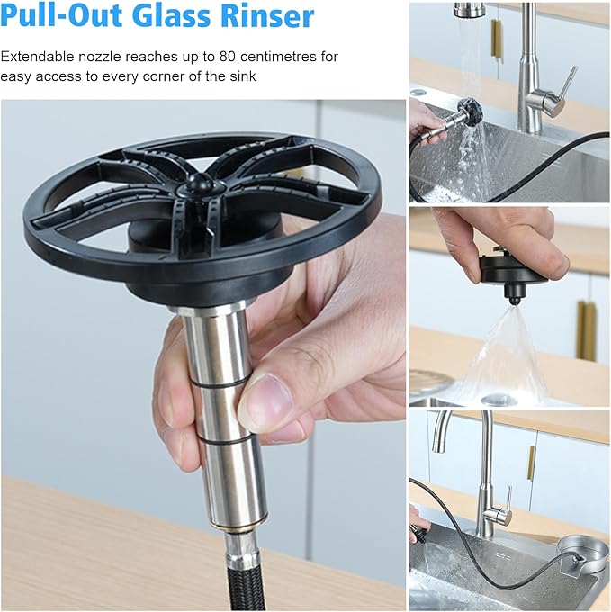 Glass Rinser for Kitchen Sink Glass Rinser with Pull-Out Spray High Pressure 360° Rotating Faucet Glass Rinser Cup Cleaner Bottle Washer for Bar Cafe Sink (Silver)