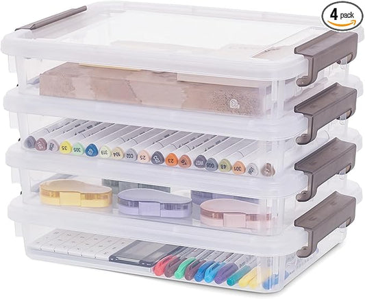 Citylife 4PCS Plastic Storage Bins with Organizer Tray, Stackable Clear File Box, Versatile Craft Storage for Office, Kitchen, Bathroom and School Supplies, 24-pack