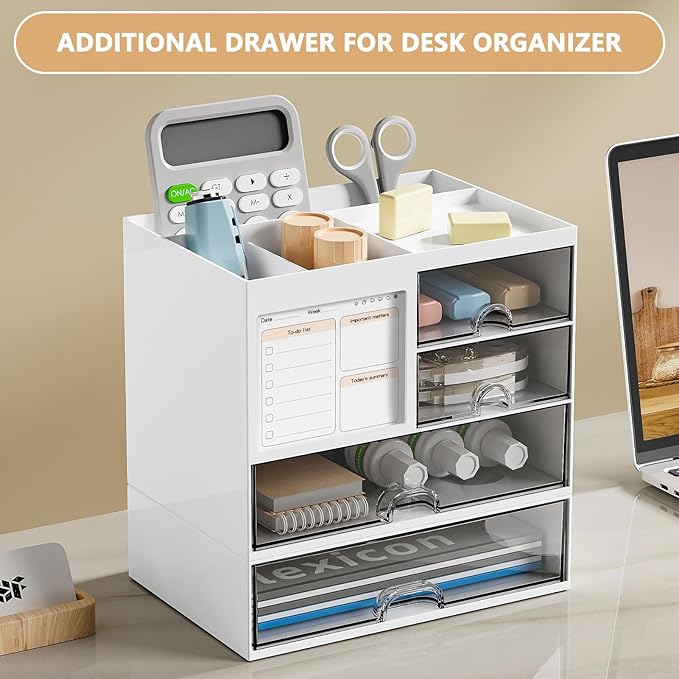 Desk Organizer Drawer, Clear Plastic Desk Storage Box, Desktop Organization for Office Supplies, Gel Pens, Pencils, Markers, Tape, Erasers, Paperclips, Chargers (White)
