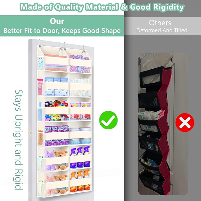 Heavy Duty Over The Door Organizer 6 Tiers, Extra Large Behind Door Storage of 12 Big Front & 12 Mesh Pockets, 80lb Weight Capacity, Hanging Doors Storage for Closet Bedroom Nursery, Beige