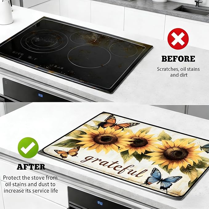 Glass Stove Top Covers for Electric Stove, Heat Resistant Counter Protector Mat, Non Slip Waterproof Surface Cover for Kitchen Counter and Cooktop (Sunflower Blessed, 28"L x 20"W)