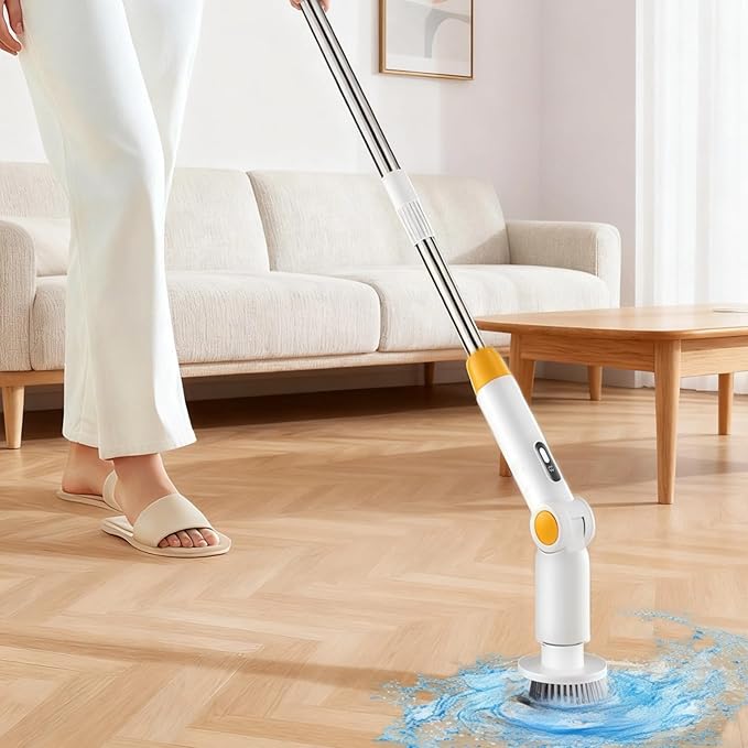 Cordless Electric Spin Scrubber 9-in-1, with Adjustable Arm, 1500Rpm, Digital Display, Ipx7 Waterproof, White and Orange Bathroom Kitchen Cleaning Brush